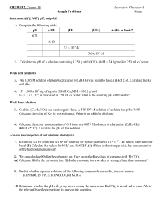 CHEM 132 Chapter 15 Sample Problems: Acid-Base Chemistry