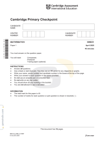 Cambridge Primary Checkpoint Maths Paper 1 April 2025