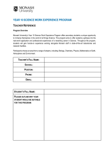 Monash University Year 10 Science Work Experience Teacher Reference