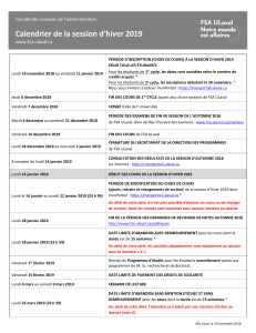 Calendrier hiver 2019 FSA ULaval - Dates d'inscription et examens