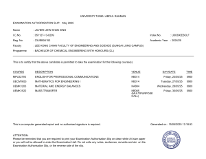 Examination Authorisation Slip: May 2025 - Universiti Tunku Abdul Rahman