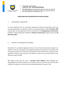 University of Fort Hare Application Guidelines 2025
