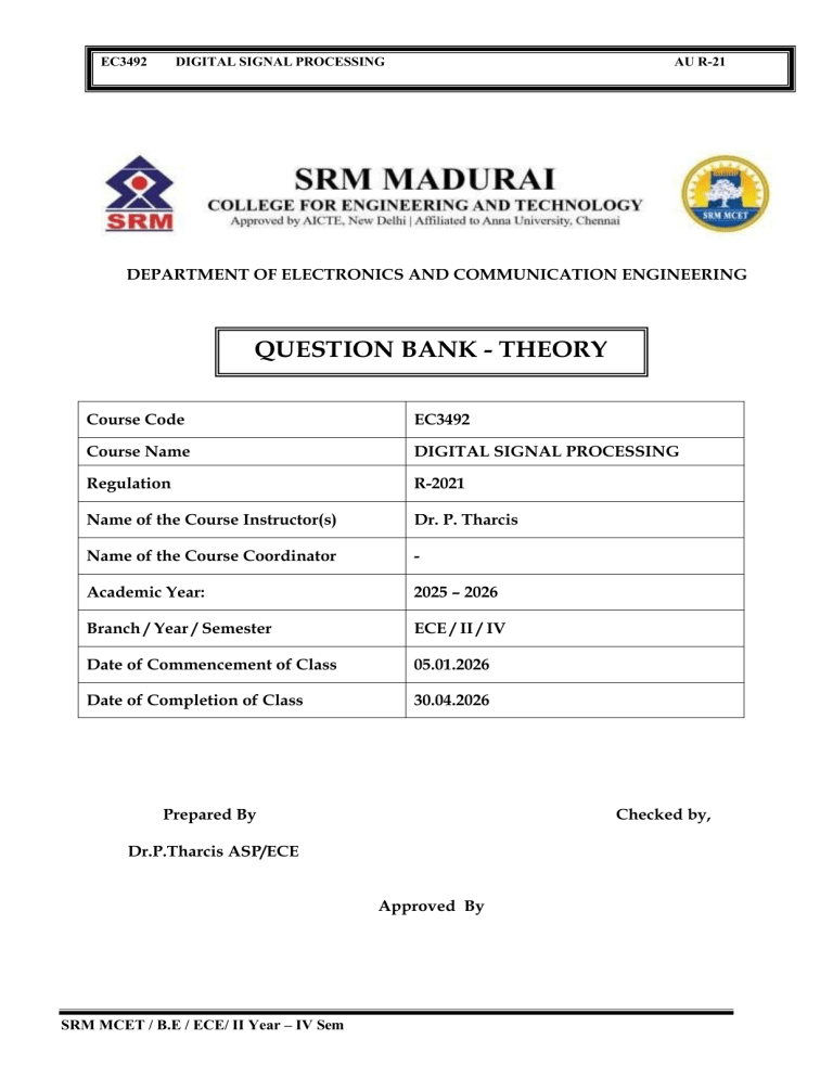 EC3492 Digital Signal Processing Question Bank - Theory