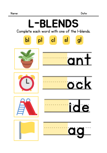 L-Blends Worksheet: bl, pl, cl, sl, gl