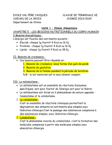 Chapitre 5 : Besoins nutritionnels humains - Chimie