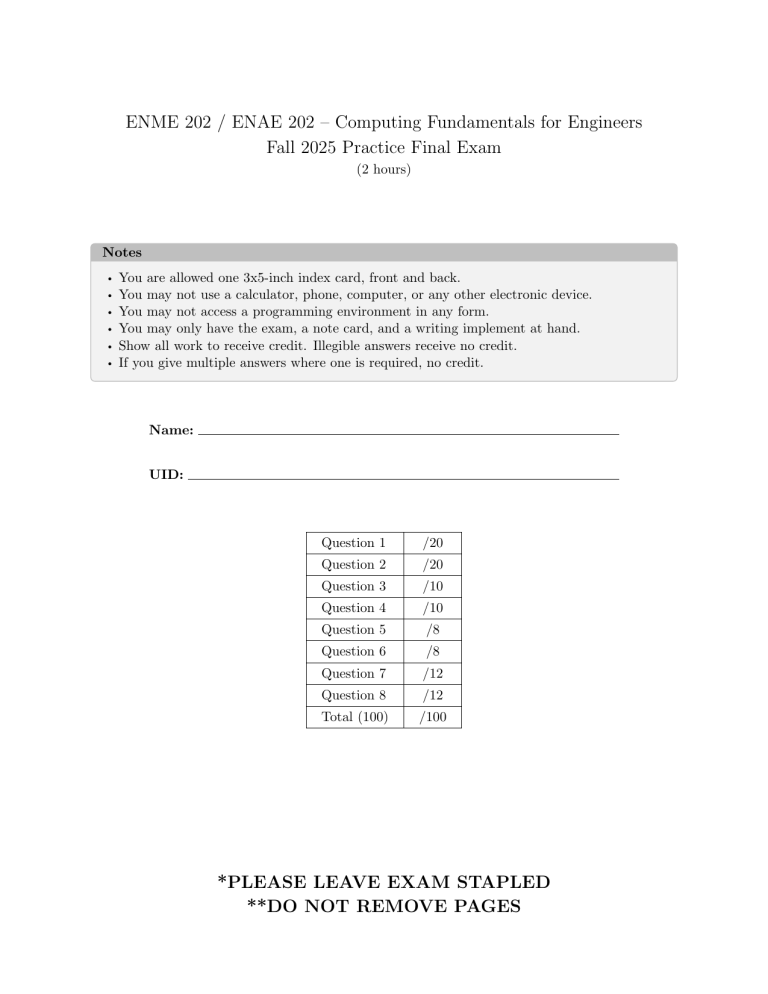 ENME 202 ENAE 202 Practice Final Exam Fall 2025