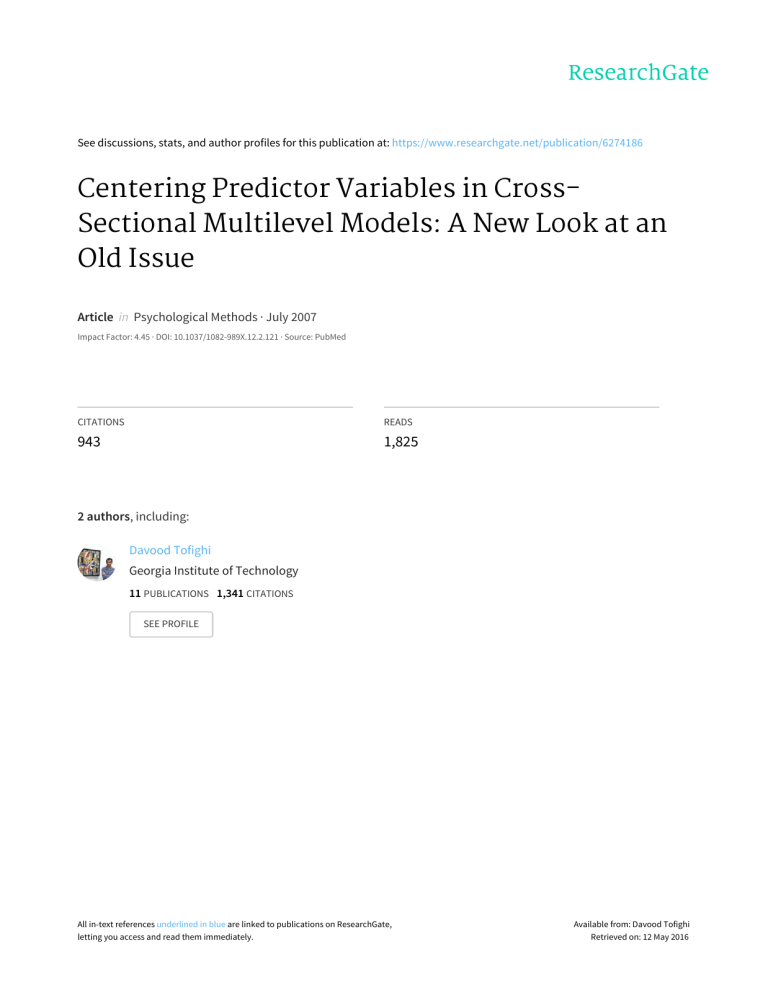 Centering Predictor Variables in Multilevel Models: A New Look