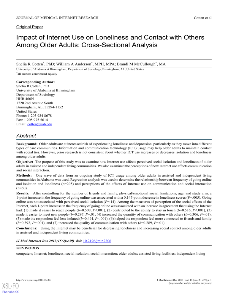 Internet Use and Loneliness in Older Adults: Cross-Sectional Study