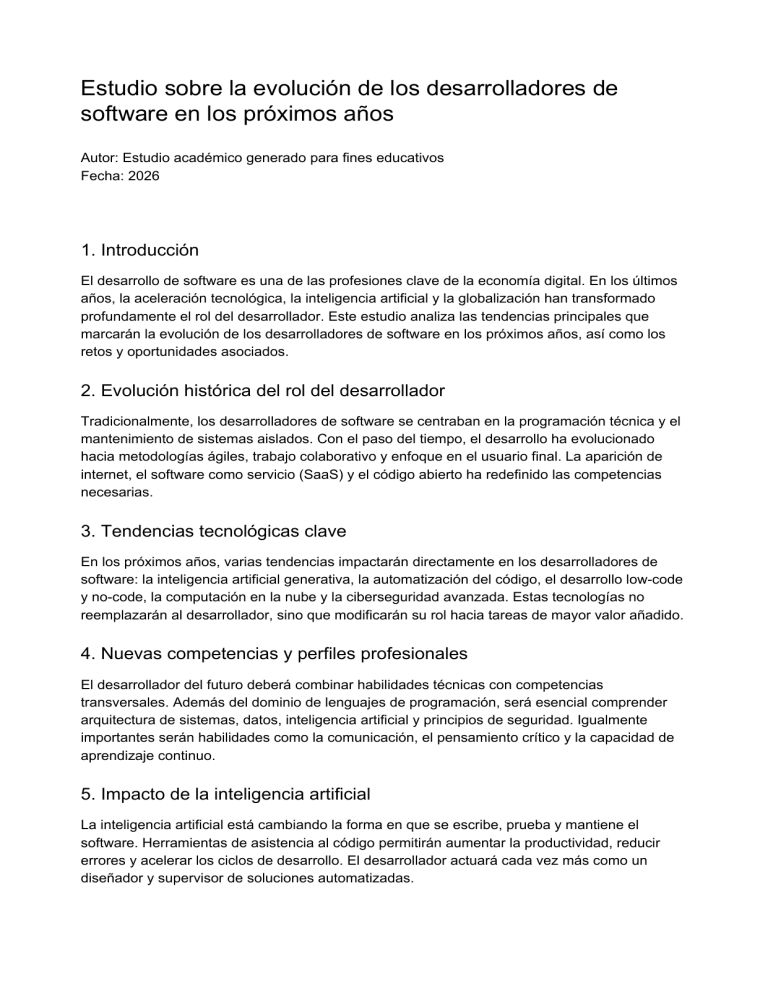 Evolución de desarrolladores de software: estudio académico
