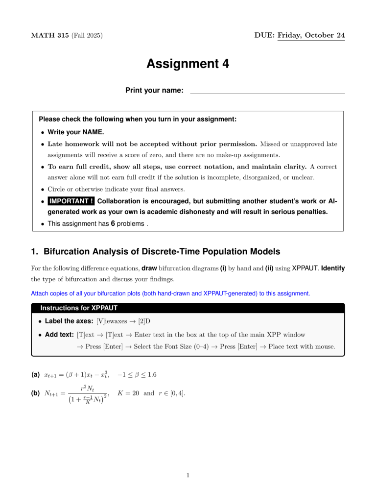Math 315 Assignment 4: Bifurcation & Population Models