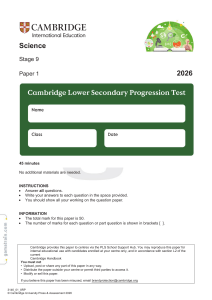 Cambridge Lower Secondary Science Stage 9 Paper 1 2026