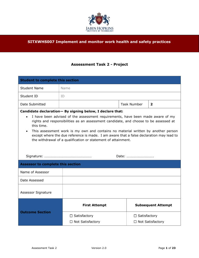 SITXWHS007 Assessment Task 2: Work Health Safety Project