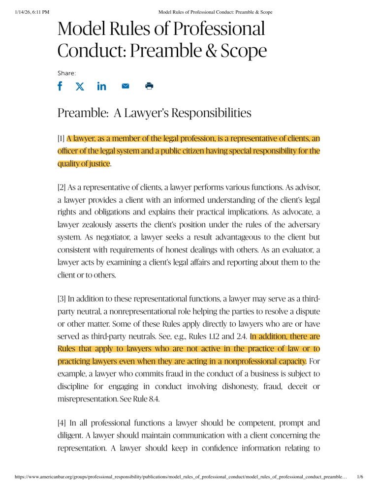 Model Rules Model Rules of Professional Conduct: Preamble & Scope