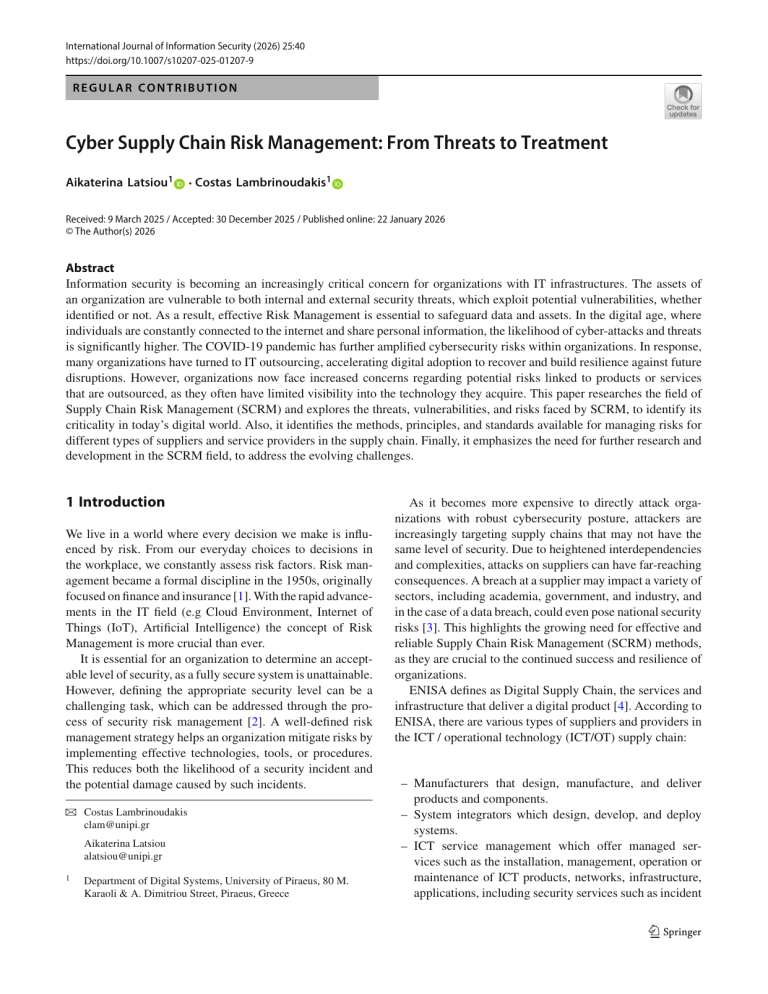 Cyber Supply Chain Risk Management: Threats to Treatment