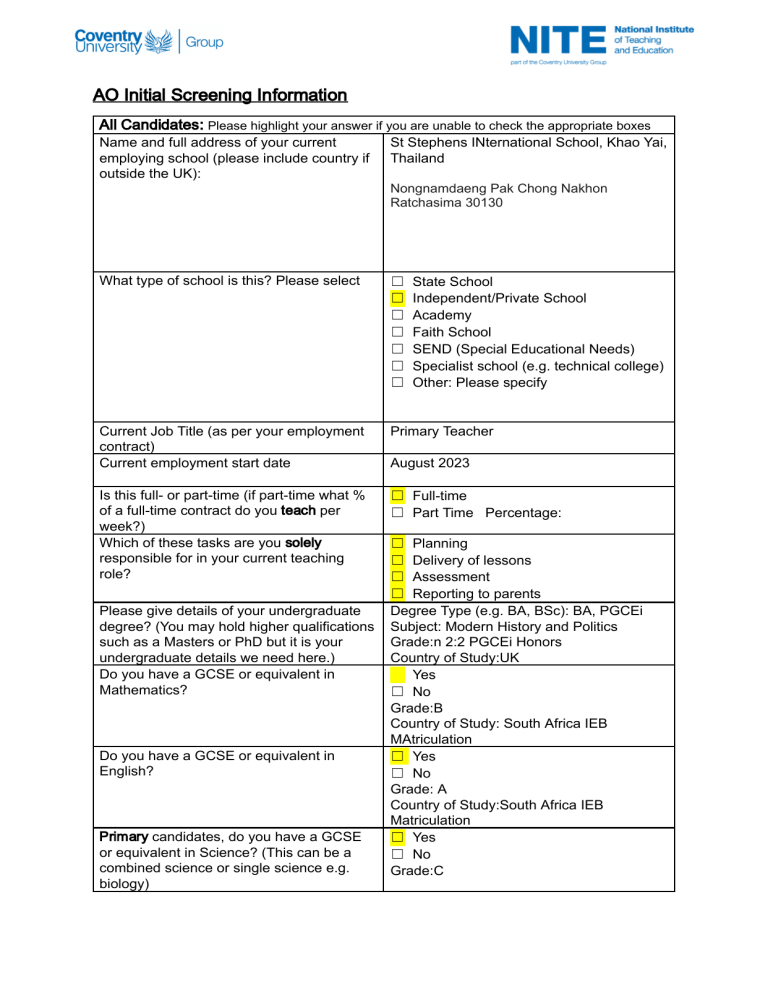AO Initial Screening Information Form for Teachers