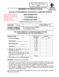 University of KwaZulu-Natal STAT140 Exam Paper 2018