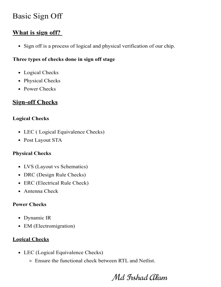 Target Sign Off Basic Sign Off: Chip Design Verification