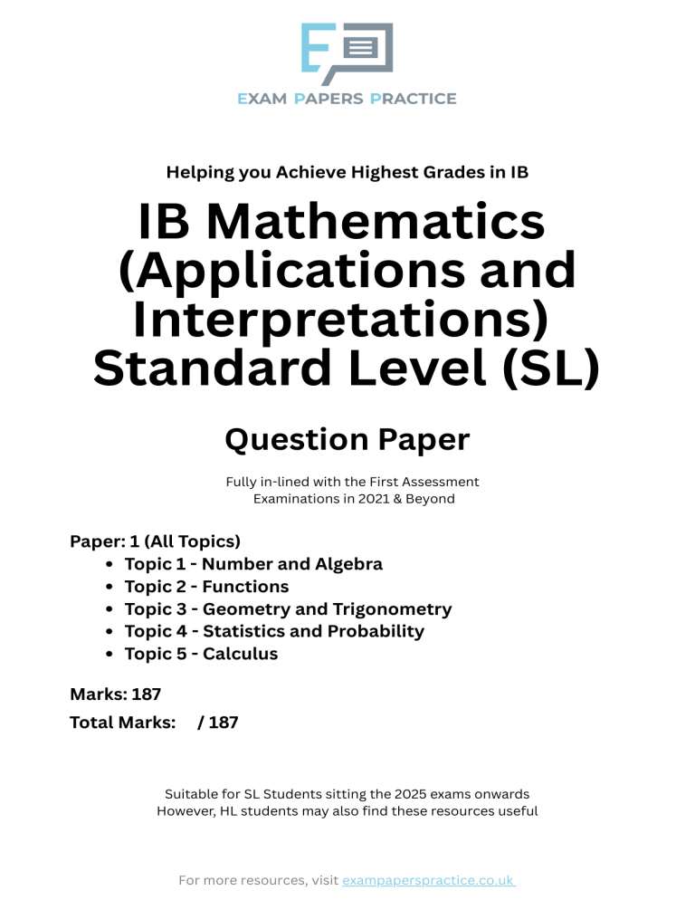 IB Math SL Applications & Interpretations Question Paper