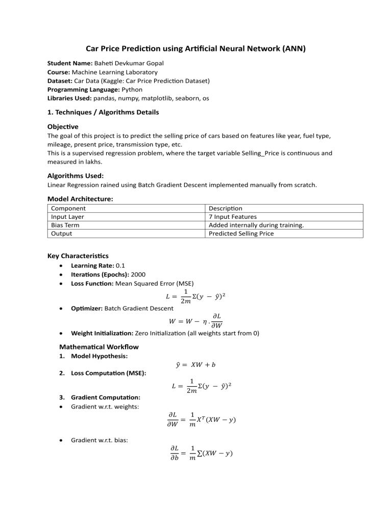 Car Price Prediction with ANN: Linear Regression Lab Report