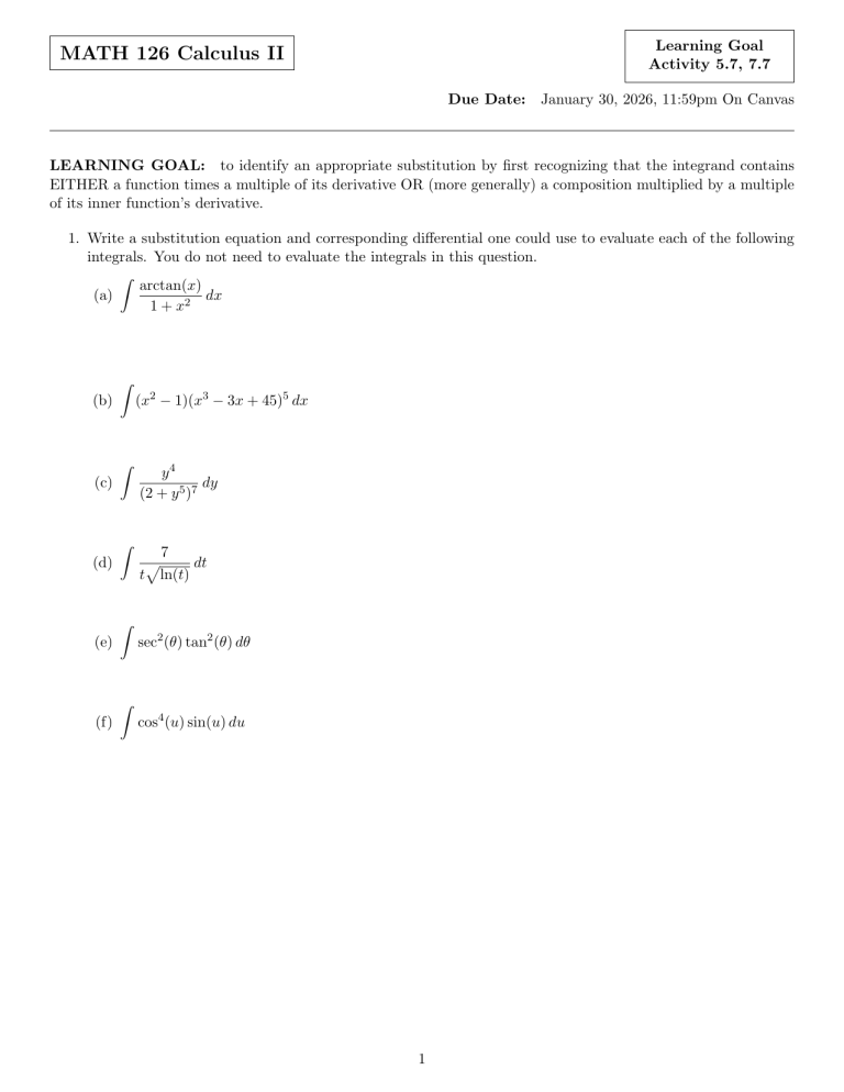 MATH 126 Calculus II: Substitution Integrals Worksheet