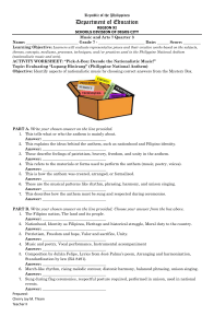 Philippine National Anthem Worksheet - Grade 7 Music Arts