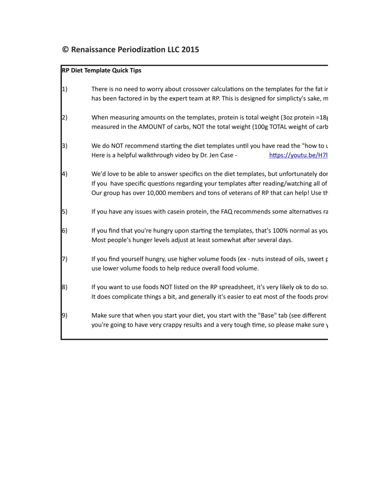RP Diet Template Quick Tips Fitness Nutrition Guide