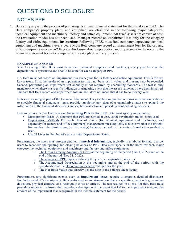 Example Ppe Note Under Ifrs IFRS PPE Depreciation & Impairment Questions