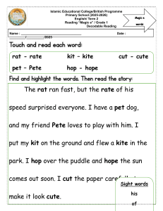 Grade 1 English Worksheet: Magic e Words