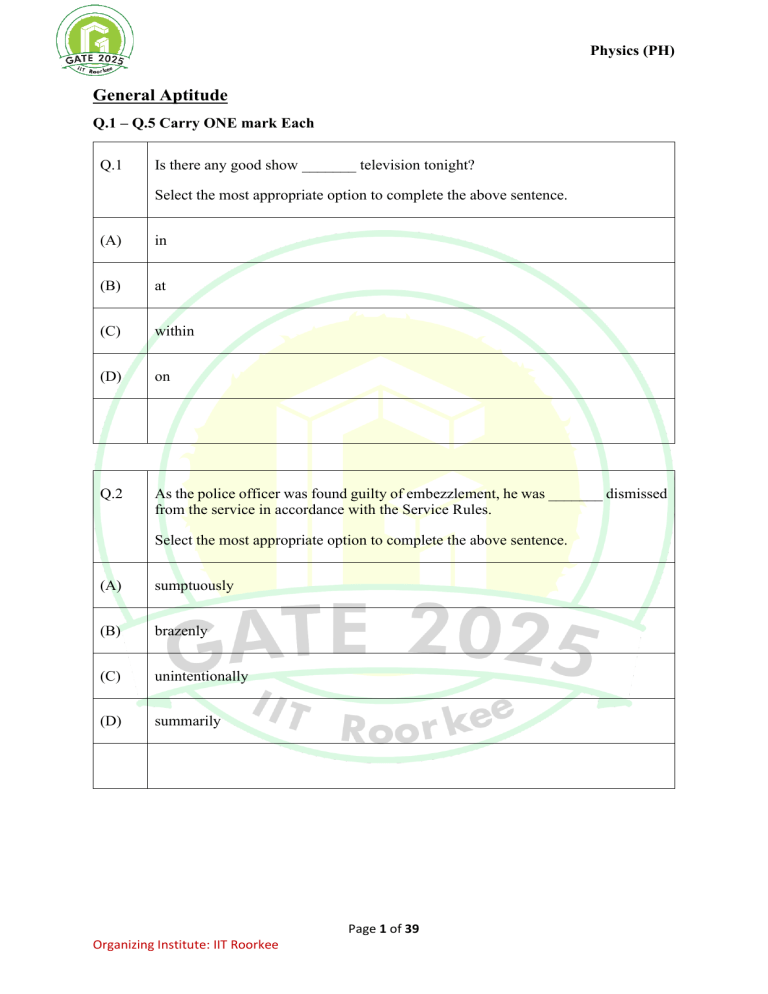 GATE 2025 Physics General Aptitude Questions