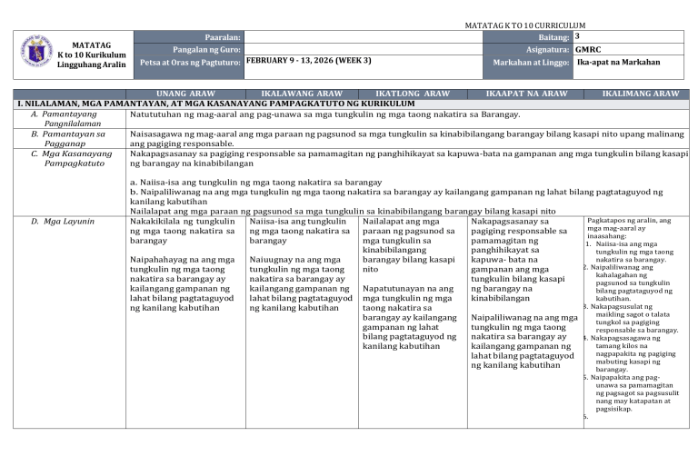 MATATAG Grade 3 GMRC Weekly Lesson Plan Week 3