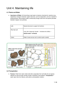 Unit 4: Maintaining Life - Plants, Water, Transpiration