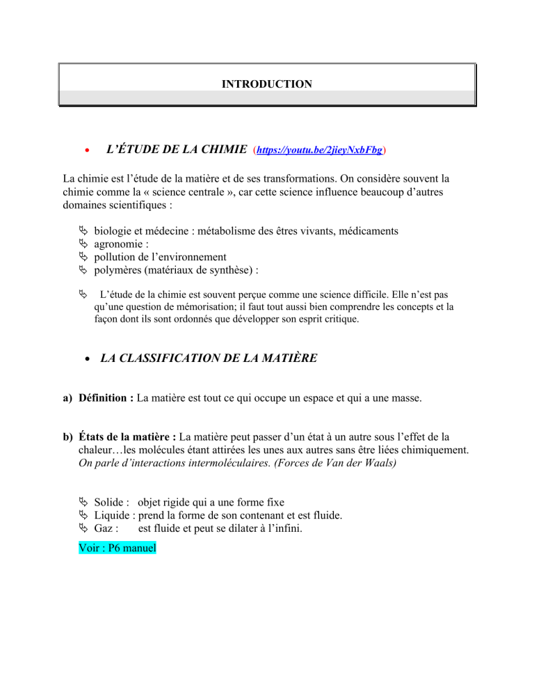 Introduction à la chimie : Classification de la matière et atomes