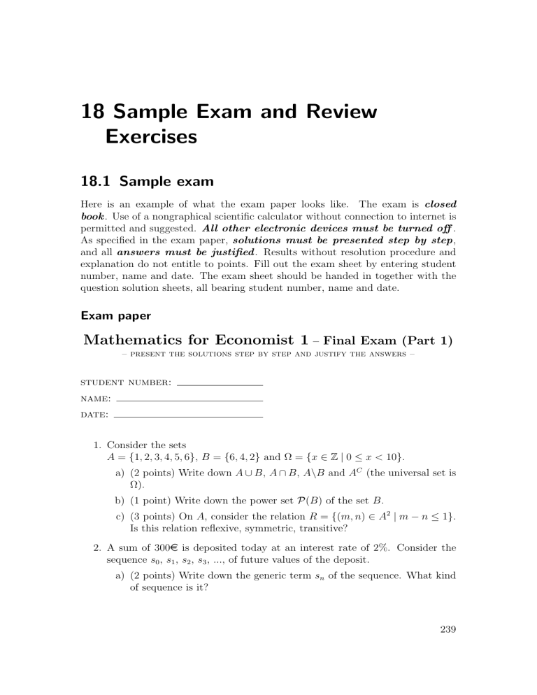 Mathematics for Economist 1 Sample Final Exam (Part 1)