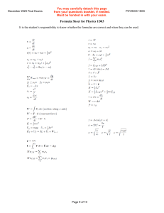 Physics 1D03 Formula Sheet - December 2023 Final Exams