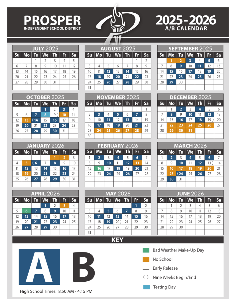 Prosper ISD 20252026 A/B School Calendar