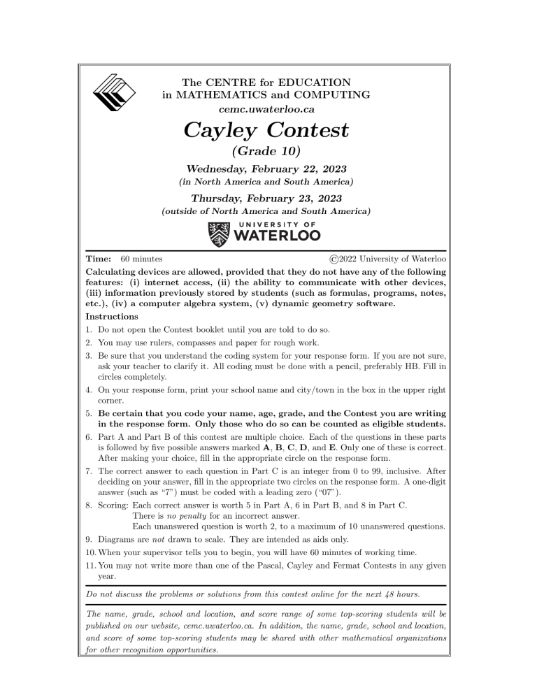 Cayley Contest 2023 Grade 10 Math Questions