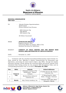 DepEd NCR Memo: SHS Private School Recognition Field Testing