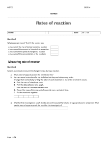 Grade 8 Chemistry: Rates of Reaction Worksheet